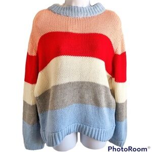 Elodie Sweater Size Medium M Blue Pink Red White Color Block Acrylic Chunky